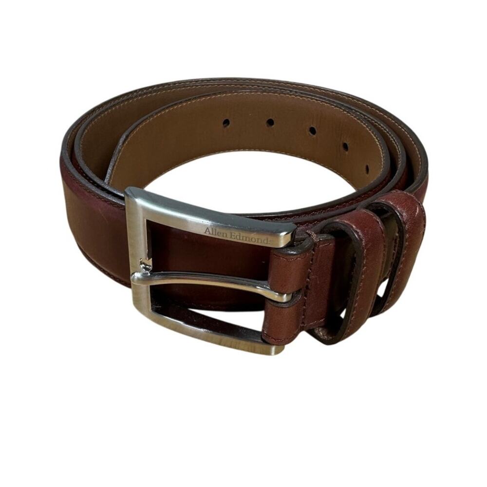 Allen Edmonds Wide Basic Leather Belt Mens 42 Brown Silver Buckle USA Classic